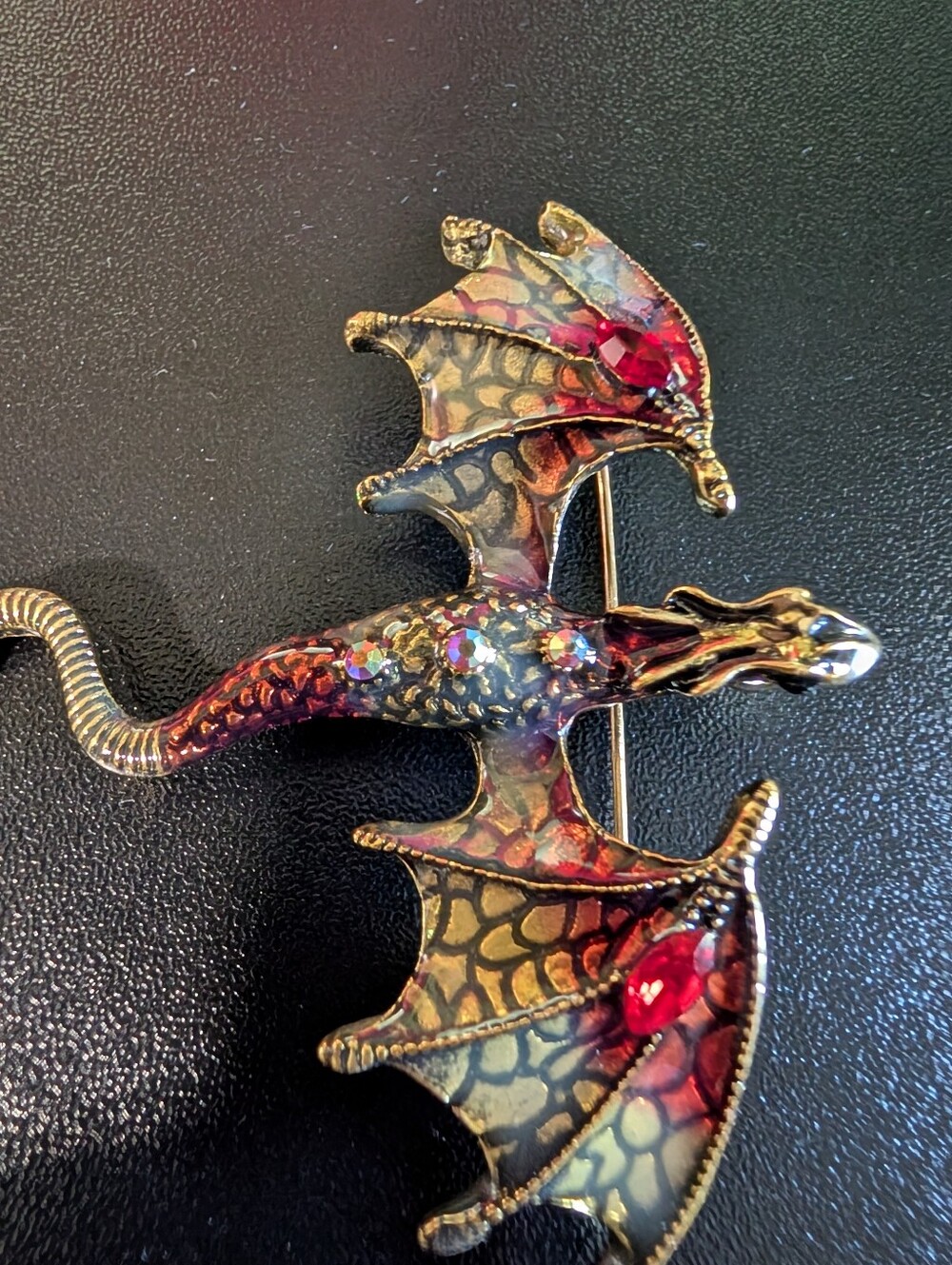 Red Dragon Enamel Brooch with Red Crystal Accents - Picture 3 of 8